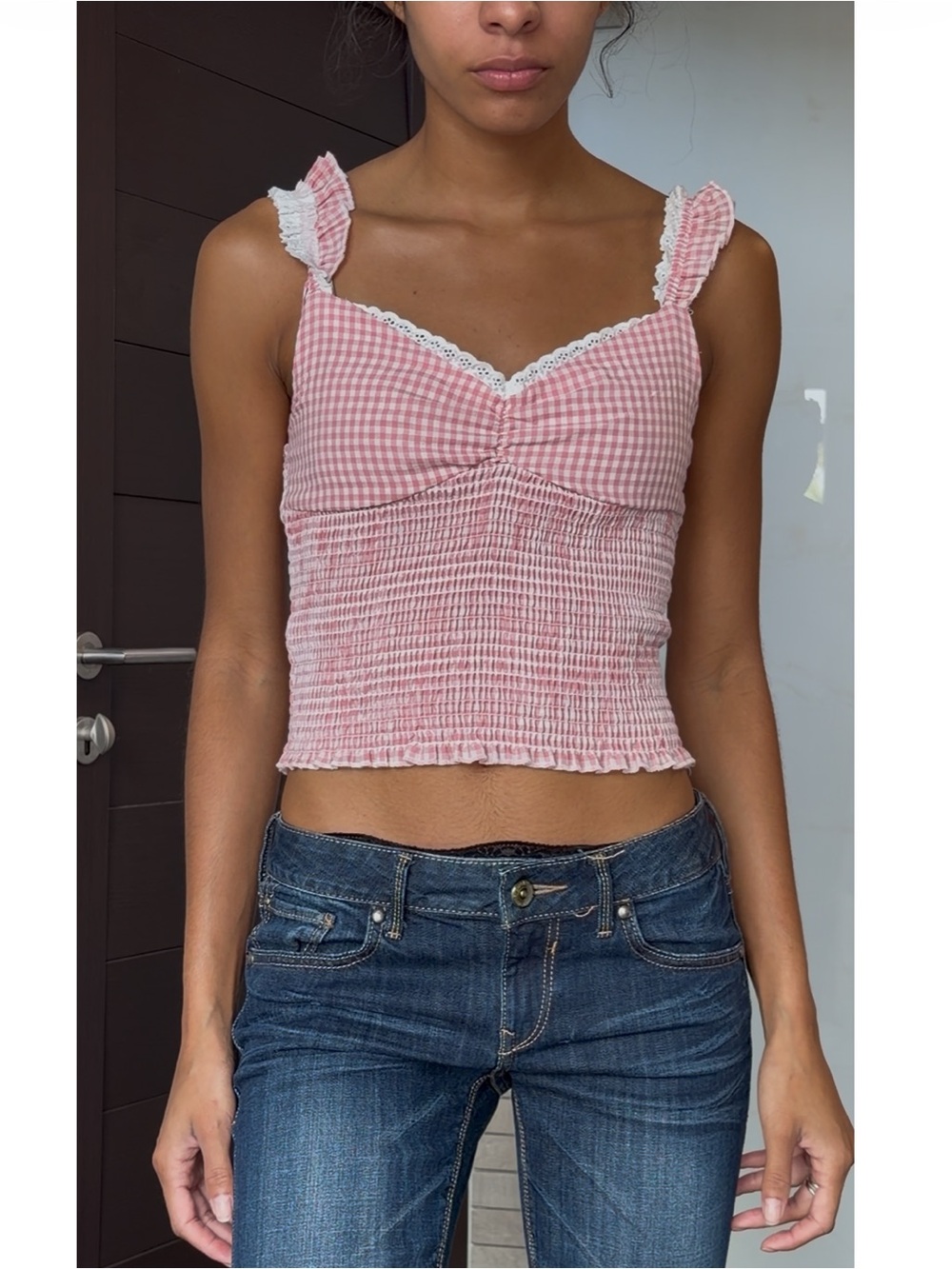 Passport Pink Gingham Smocked Tank with White Trim